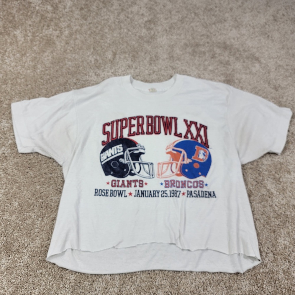 Vintage‎ Super Bowl XXI T-Shirt Giants Broncos Football Tee 1987 Sz L Crop Top